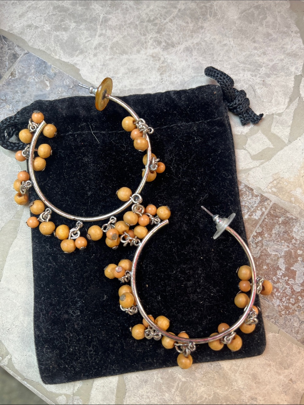 Boho Gypsy Sisters Silver Hoop Earrings with Honey Beads